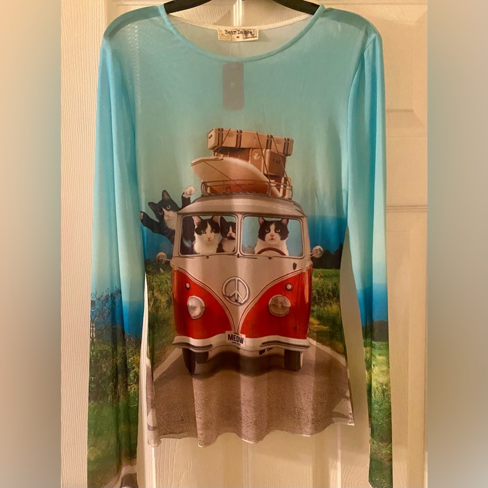 Bear Dance Blue and Gray Striped Top Sheer Medium NWT